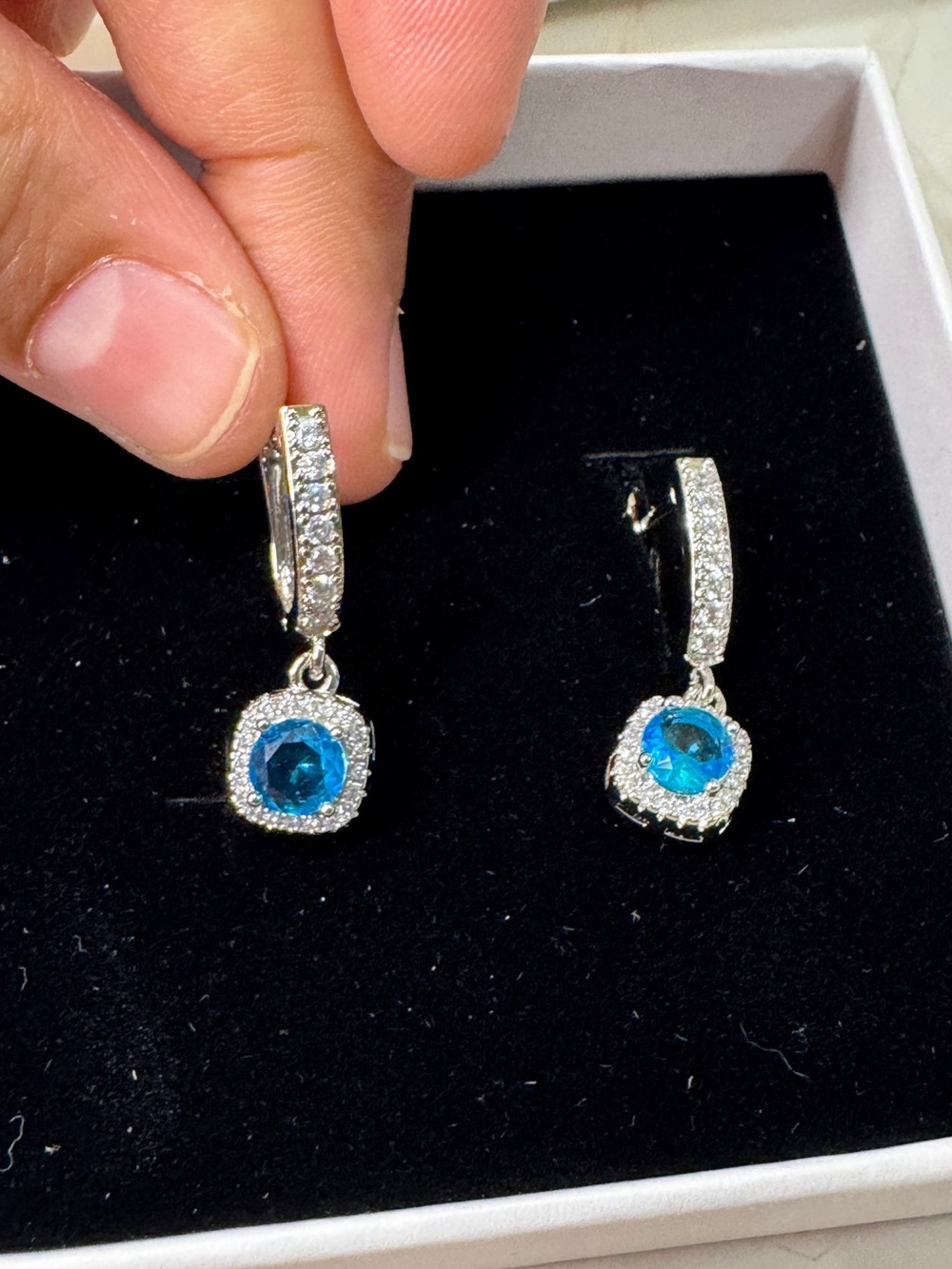 Blue Topaz and Moissanite Blue Crystal Halo Drop Earrings
